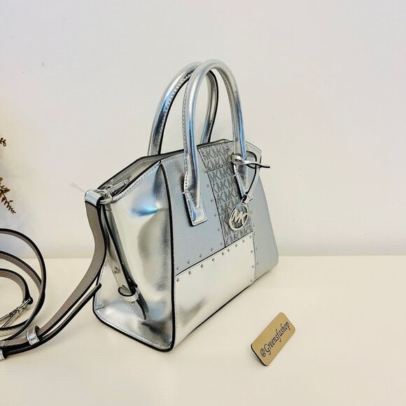Michael Kors Purse Avril Small Leather Satchel Crossbody Bag Silver - Picture 4 of 11